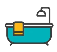 Stylized turquoise bathtub with yellow towel and silver showerhead on white background
