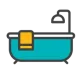 Stylized turquoise bathtub with yellow towel and silver showerhead on white background