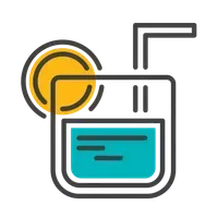 Cocktail glass with straw, lemon slice, and blue drink icon