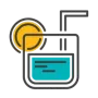 Cocktail glass with straw, lemon slice, and blue drink icon