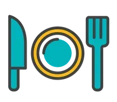 Teal knife, plate, and fork icon on white background