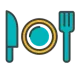 Teal knife, plate, and fork icon on white background