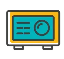 Stylized yellow and teal control panel with display, sliders, and a circular gauge icon