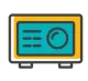 Stylized yellow and teal control panel with display, sliders, and a circular gauge icon