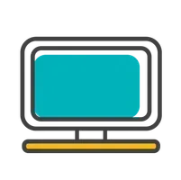 Stylized computer monitor icon with turquoise screen and yellow base