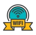 Yellow ribbon badge with teal Wi‑Fi symbol and the word “WIFI” in the center