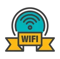 Yellow ribbon badge with teal Wi‑Fi symbol and the word “WIFI” in the center