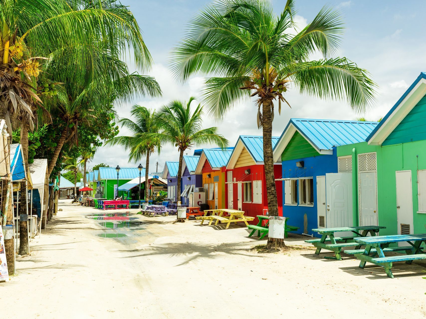 Colorful beach huts along a sandy tropical path with palm trees and picnic tables