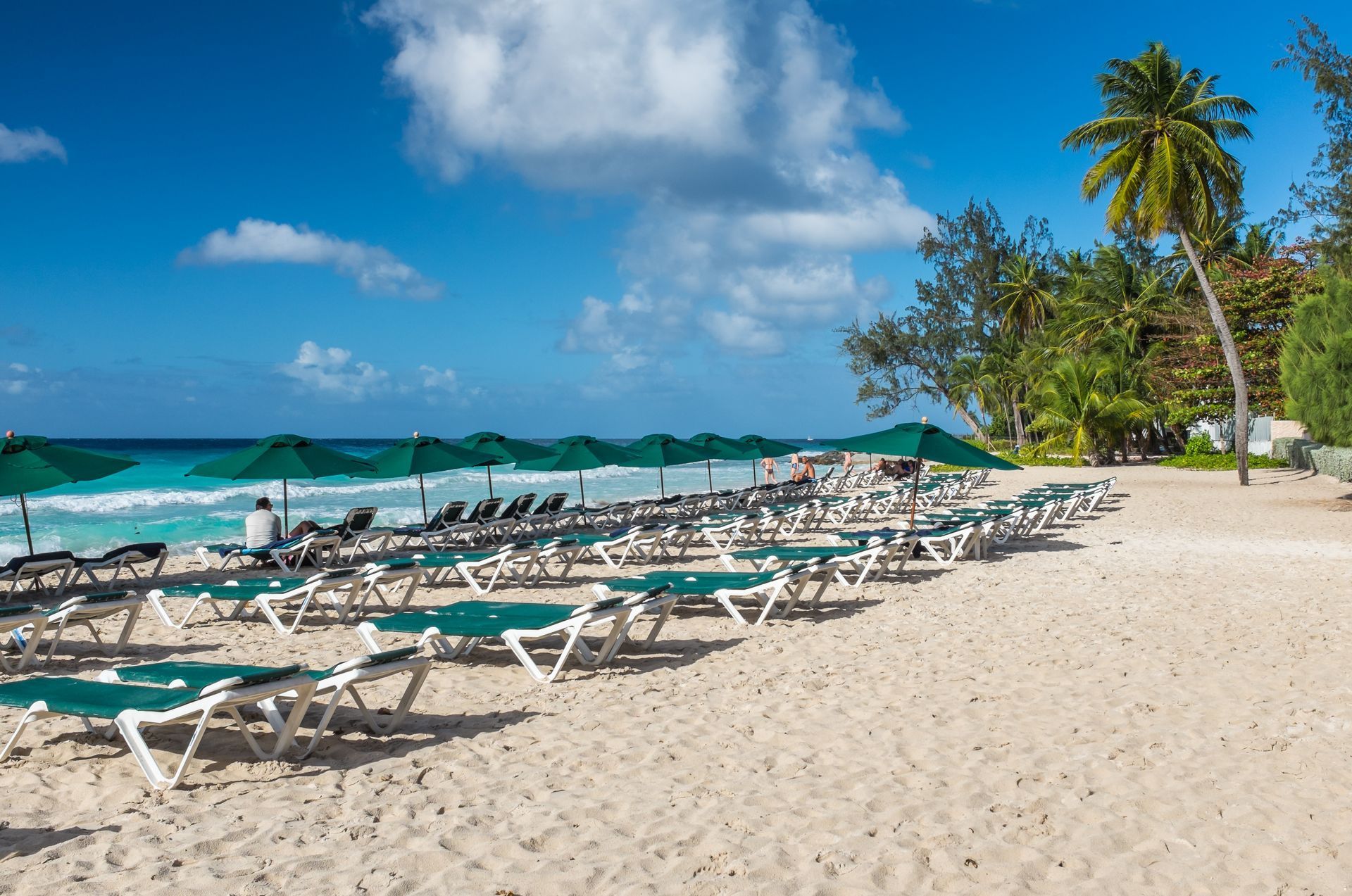 Sunny tropical beach with white sand, turquoise water, lounge chairs, umbrellas, and palm trees