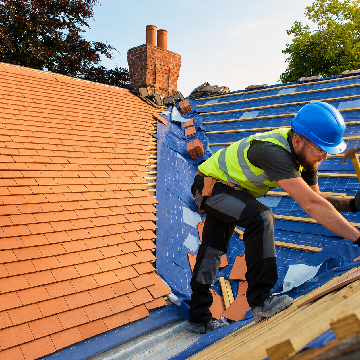 Worker in blue helmet repairing a roof with blue tarp and orange tiles.