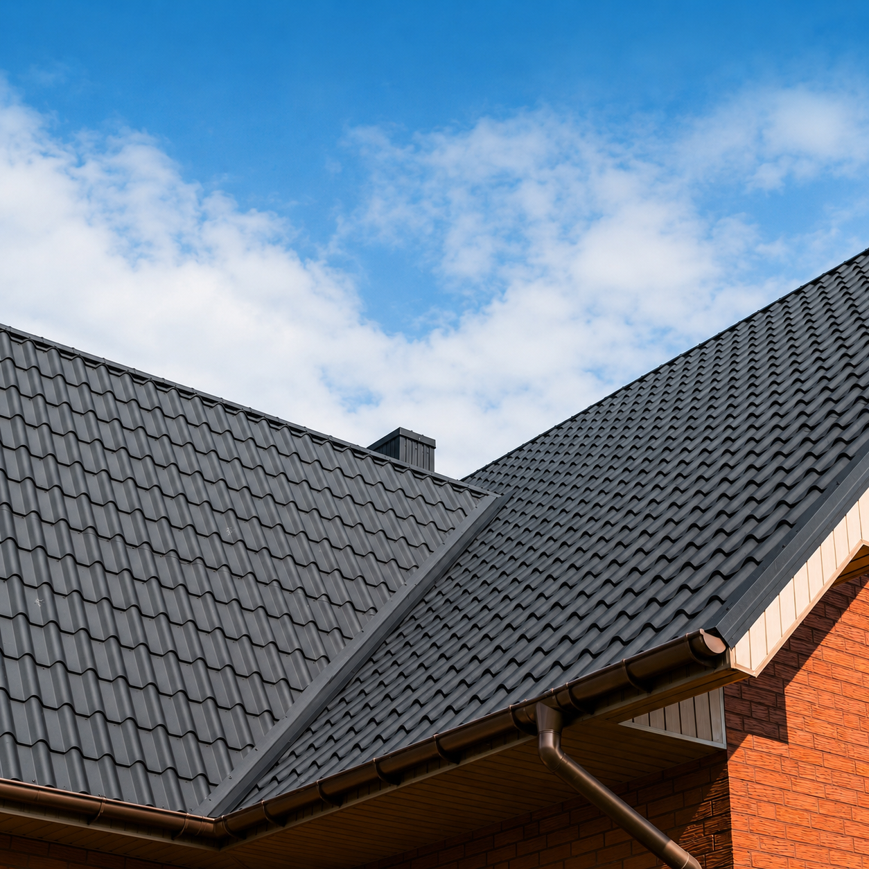 Dark gray tiled roof on a brick house beneath a blue sky with clouds