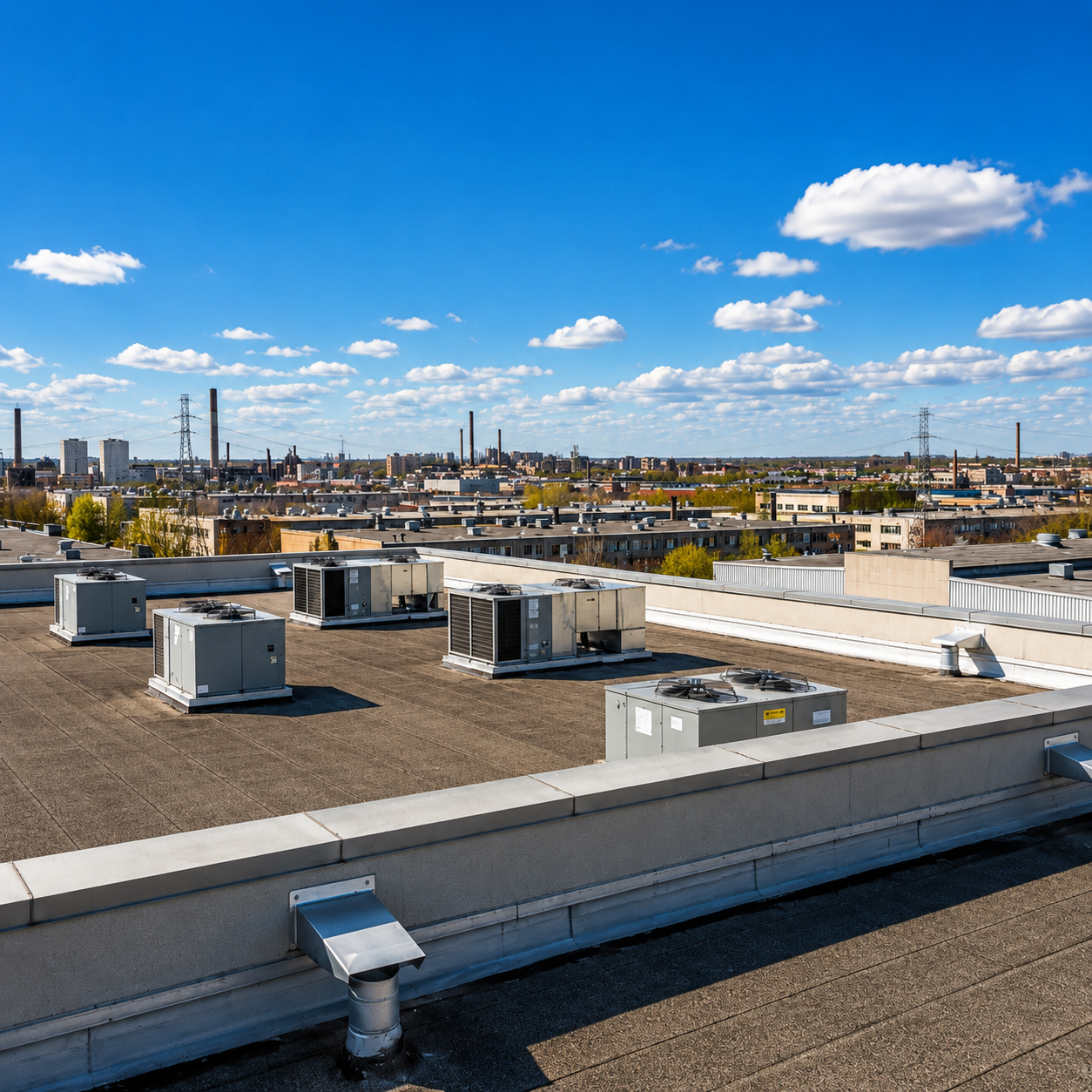 Rooftop with HVAC units overlooking an industrial city skyline under a bright blue sky with clouds