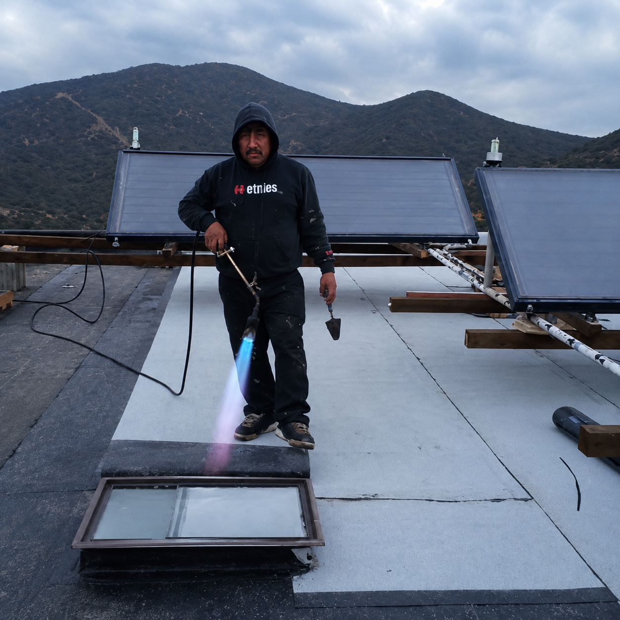 Worker on a rooftop using a torch near solar panels, with mountains in the background.