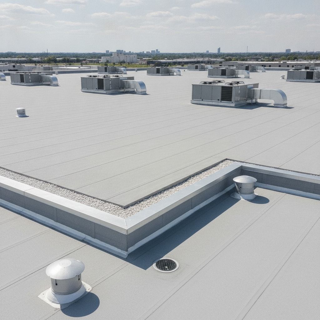 Flat rooftop with white HVAC units, vents, and a parapet under a clear sky.