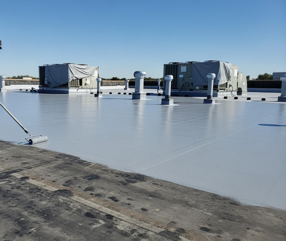 Flat industrial rooftop with large HVAC units and ductwork on a bright sunny day