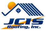 JCS Roofing, Inc. logo with blue roof graphic, orange sun, and blue company name