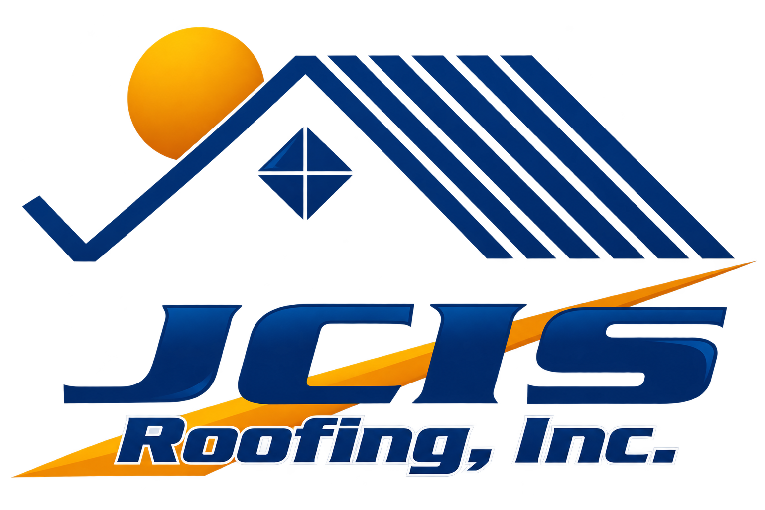 JTS Roofing, Inc. logo with blue roofline, orange sun, and blue text on white background