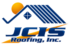 JTS Roofing, Inc. logo with blue roof and orange sun icon