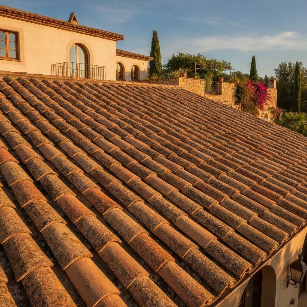 Sunlit terracotta-tiled roof beside a cream stucco house and flowering garden on a hillside