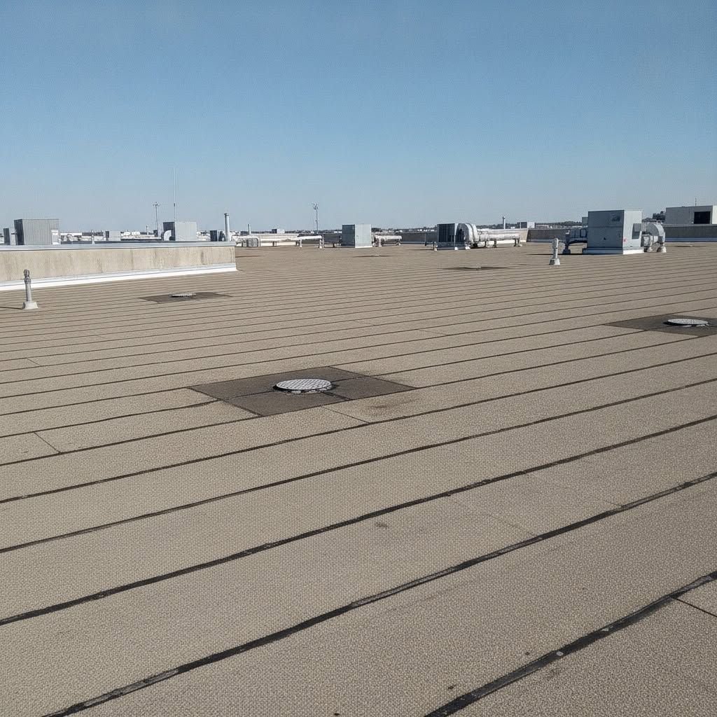 Flat rooftop with patterned tan roofing under a clear blue sky.