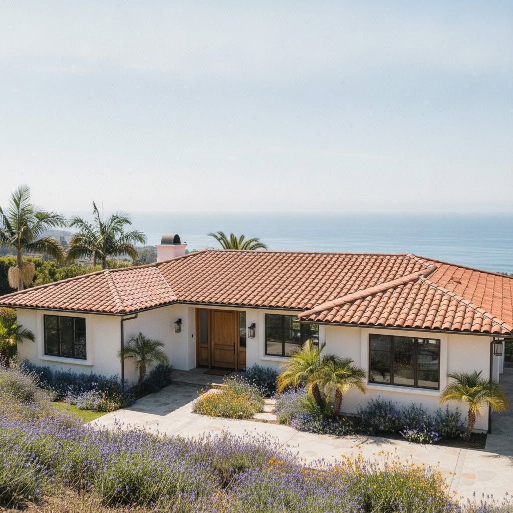 Single-story house with red tile roof and ocean view, surrounded by palm trees and purple flowers.