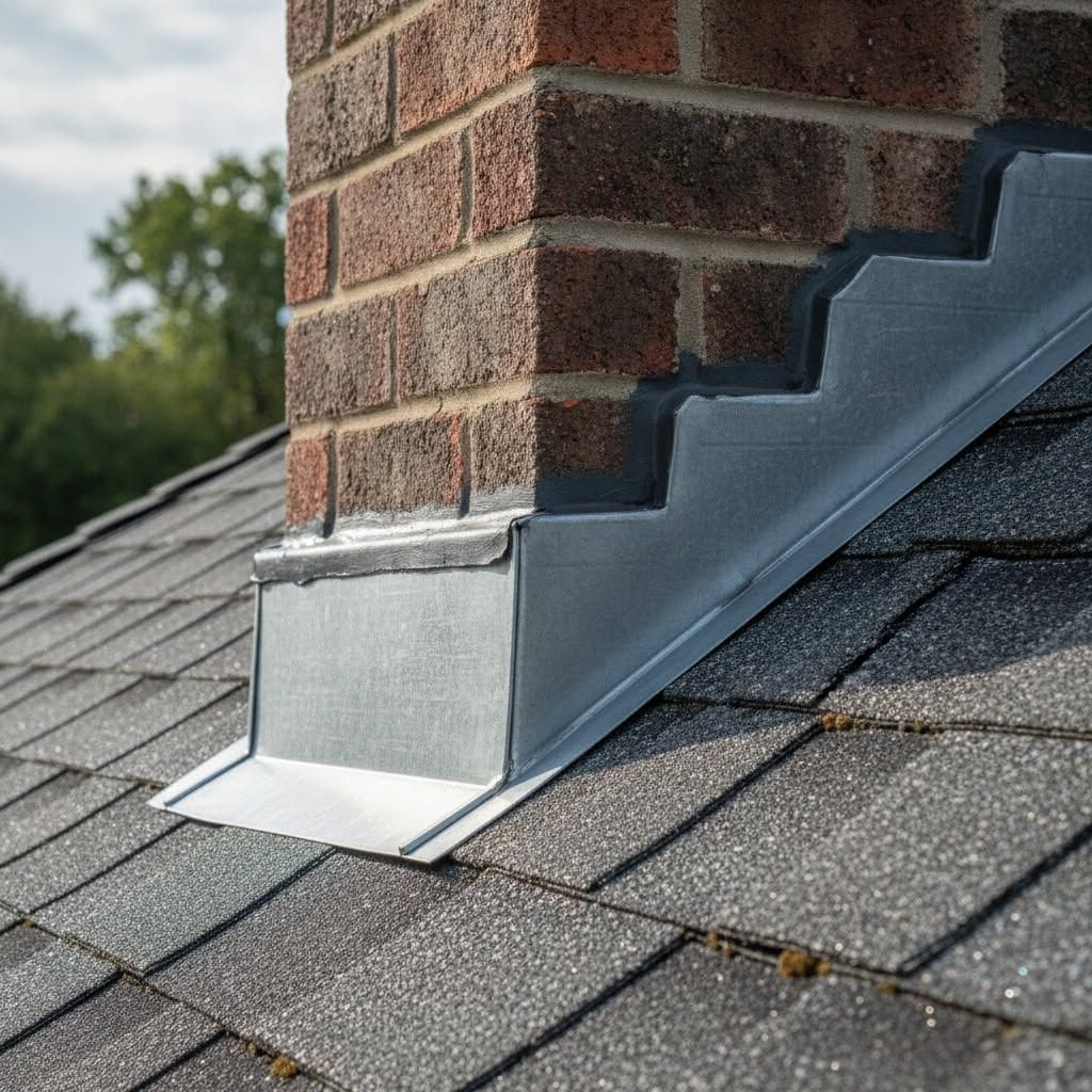 Brick chimney flashing on a gray shingled roof near the edge of the roofline
