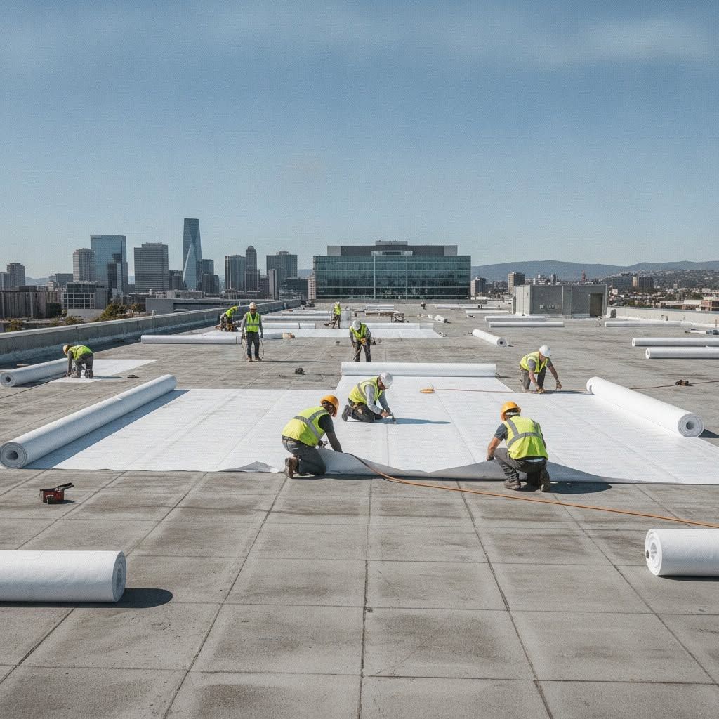 Workers installing roofing on a flat rooftop with city skyline in the background