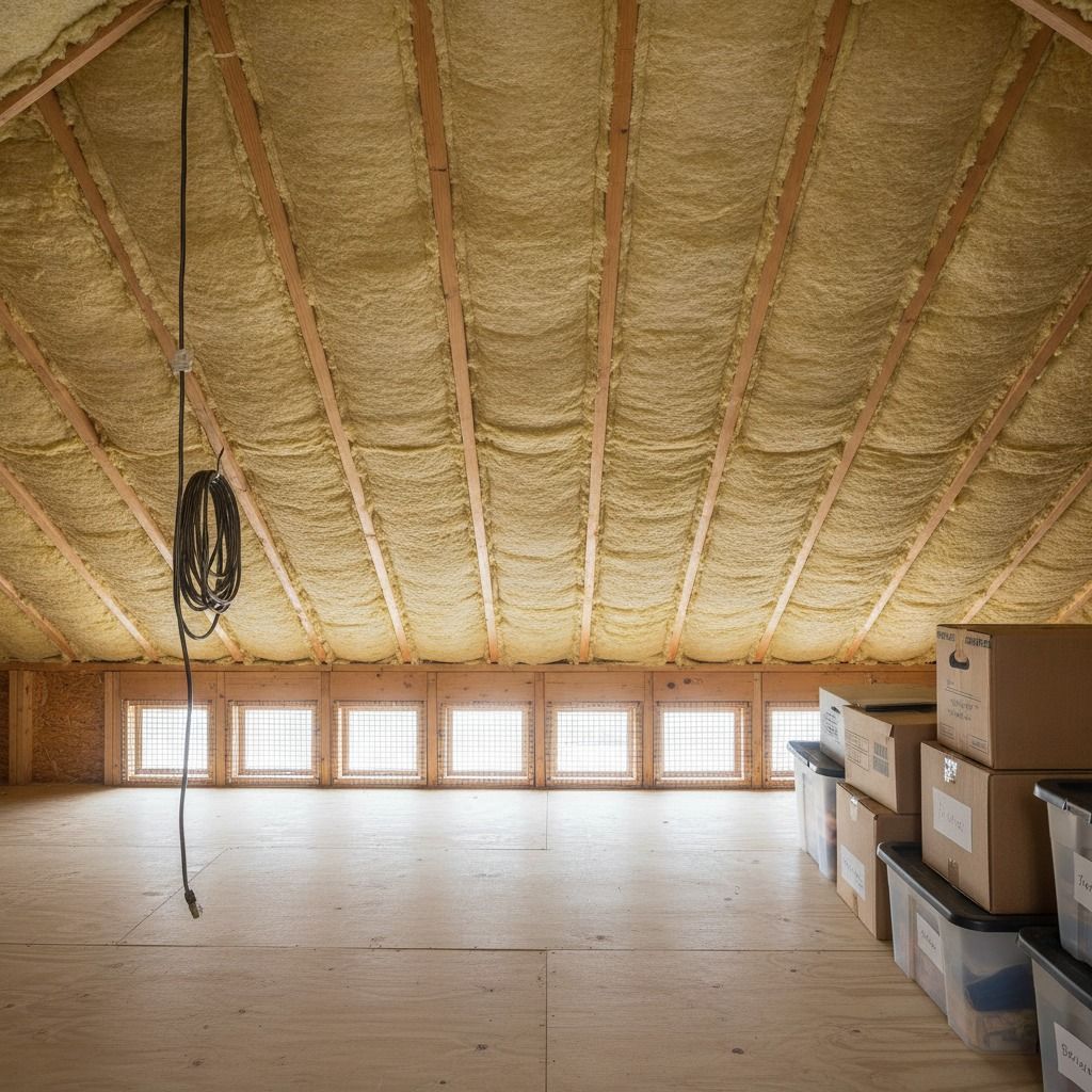Unfinished attic with insulated rafters, low windows, hanging cable, and stacked boxes along the right wall.