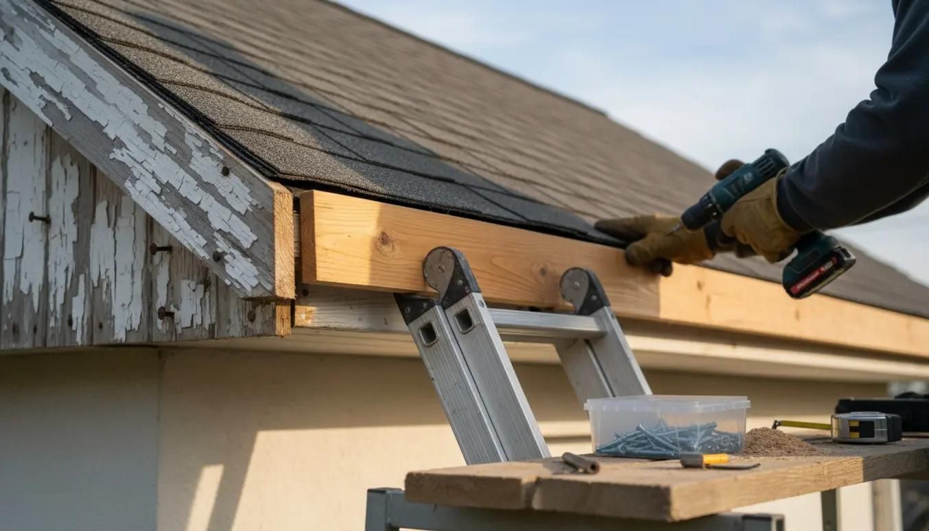 Person using a drill to install a wooden board on a roof edge beside a ladder
