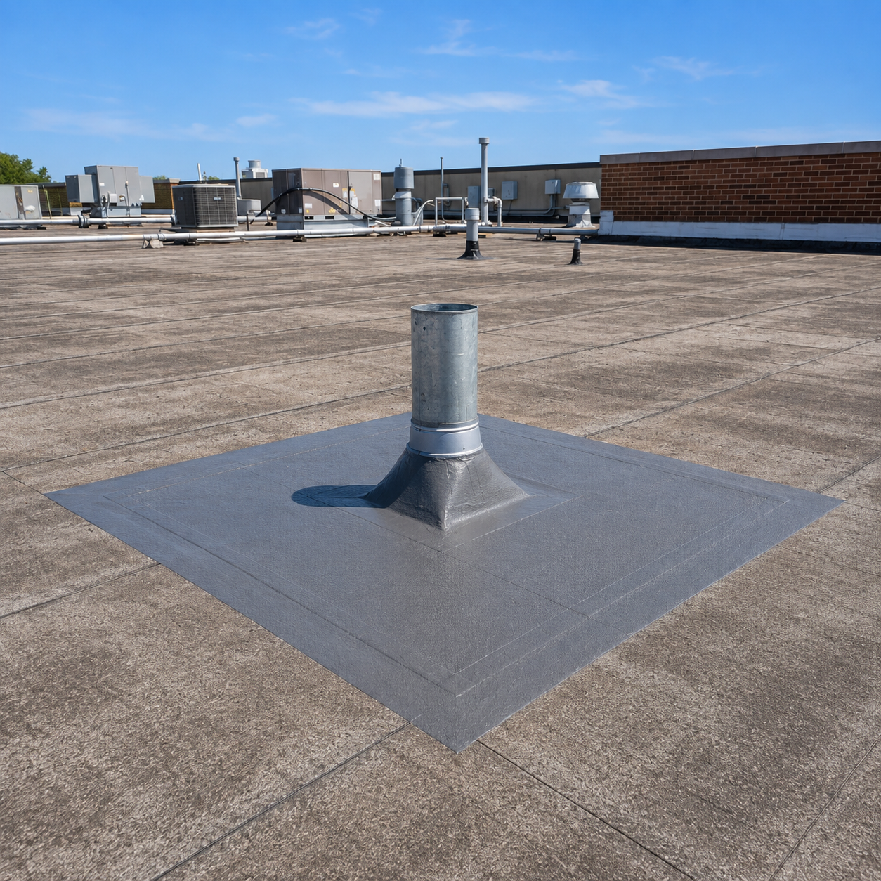 Rooftop vent pipe on a gray flat roof under clear blue sky