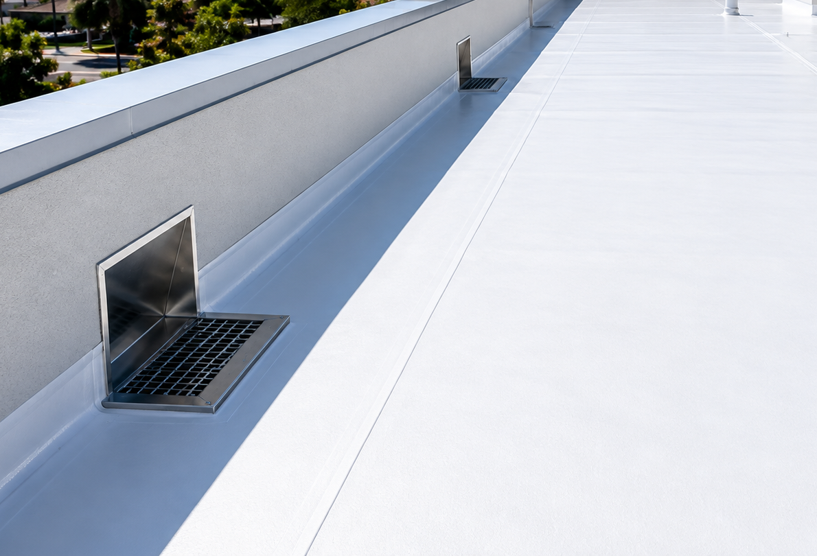 Rooftop walkway with a white surface, low wall, and metal ventilation opening along the left side.