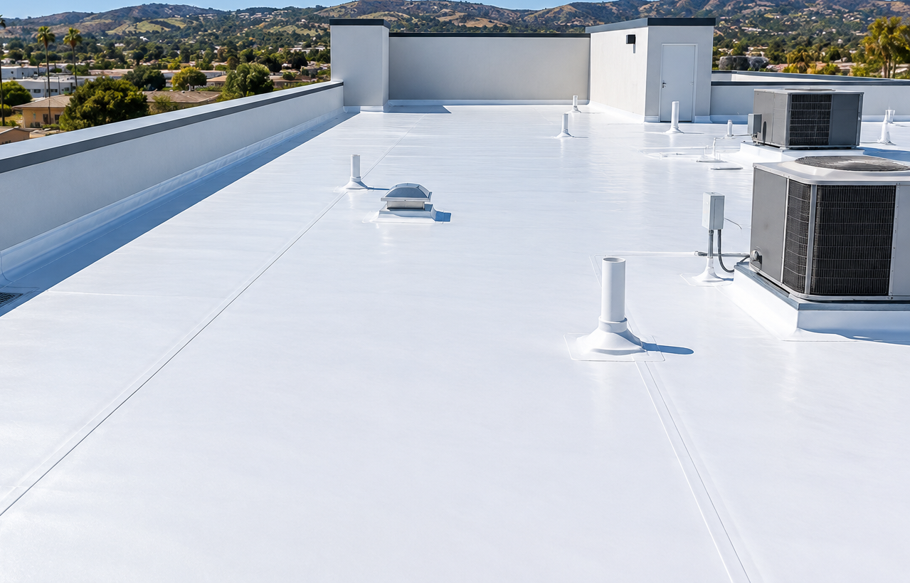 White flat rooftop with vents and HVAC units under a clear sky.
