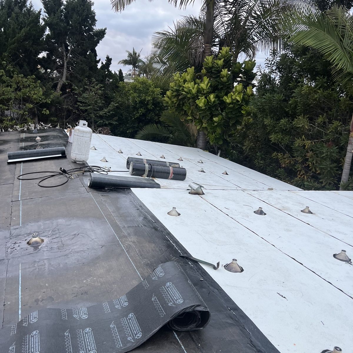 Partially repaired flat roof with black and white roofing materials and trees in the background