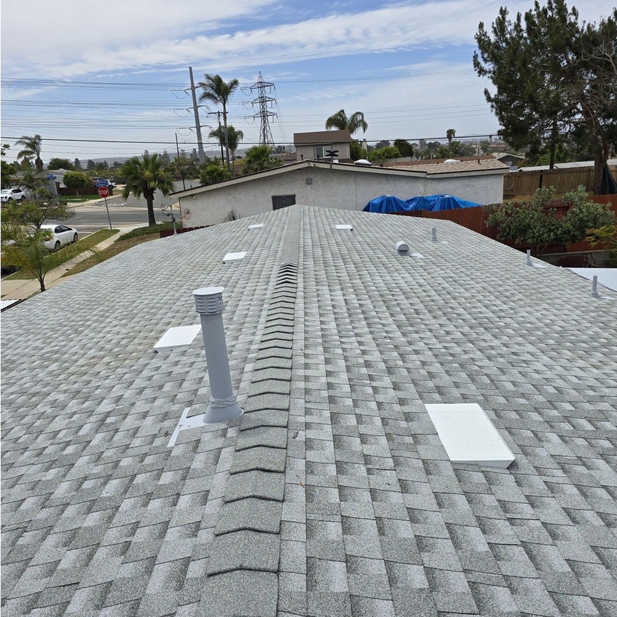 Gray shingle rooftop with vents, seen from above in a suburban neighborhood under a cloudy sky