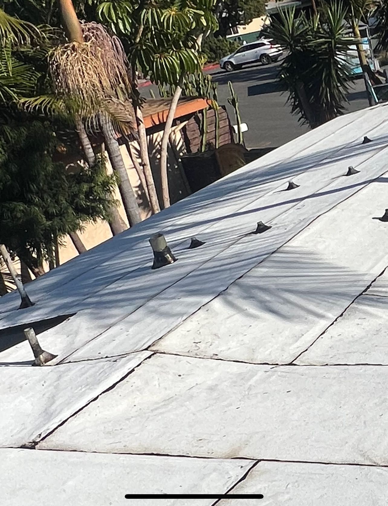White rooftop with several pipes, viewed at an angle, with palm trees and a street in the background