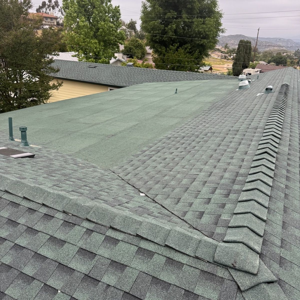 Green shingled rooftop with vents, viewed from above with trees and houses in the background