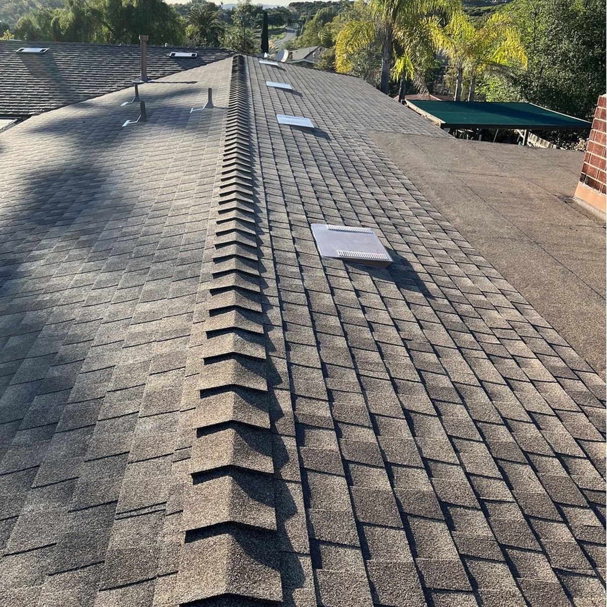 Rooftop with gray shingles, central ridge vent, and a few skylights under sunny skies