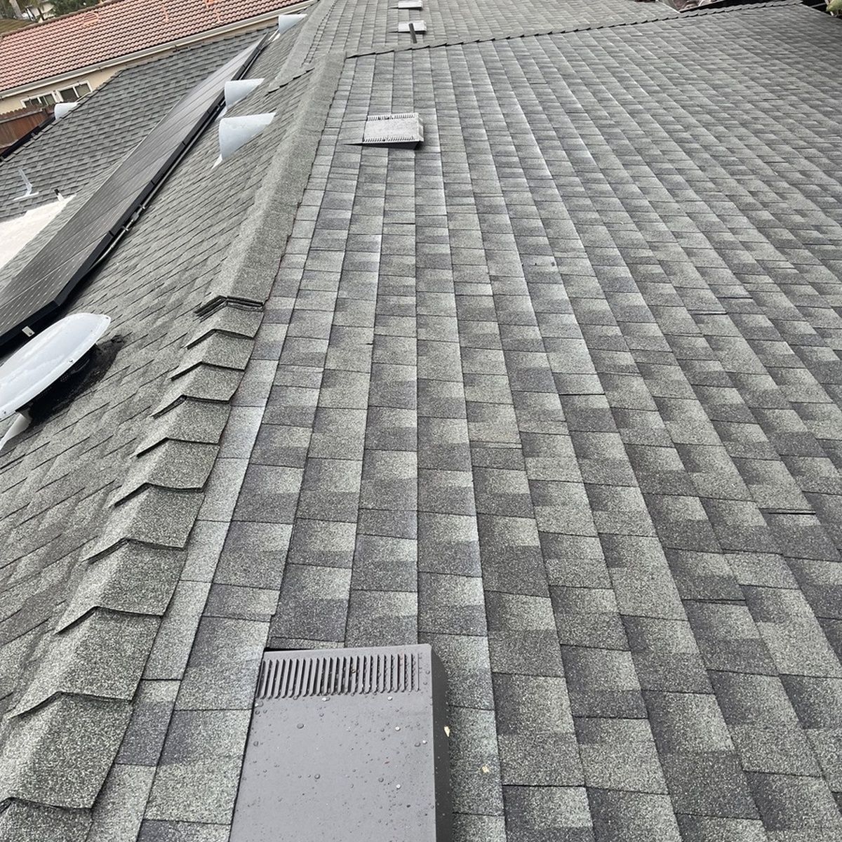 Gray shingled roof with a row of skylights and vents, viewed from above