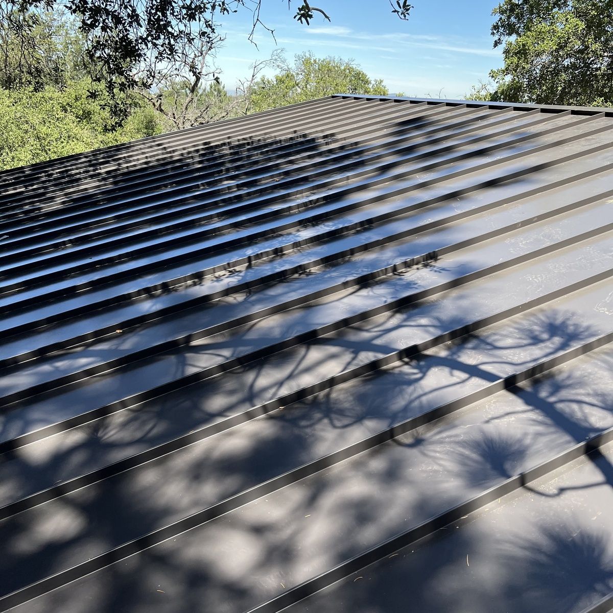 Sunlit gray metal roof with tree shadows and blue sky above