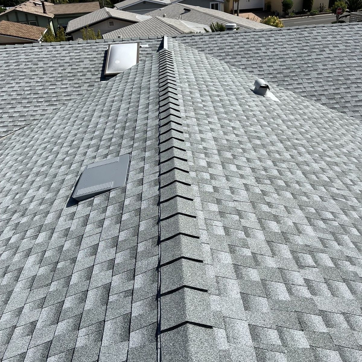 Gray shingle roof with a central ridge, vents, and skylights in bright daylight