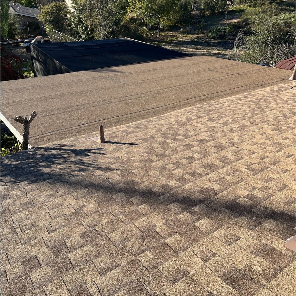 Textured driveway with a tan patterned surface and a dark section at the top, beside brush and trees