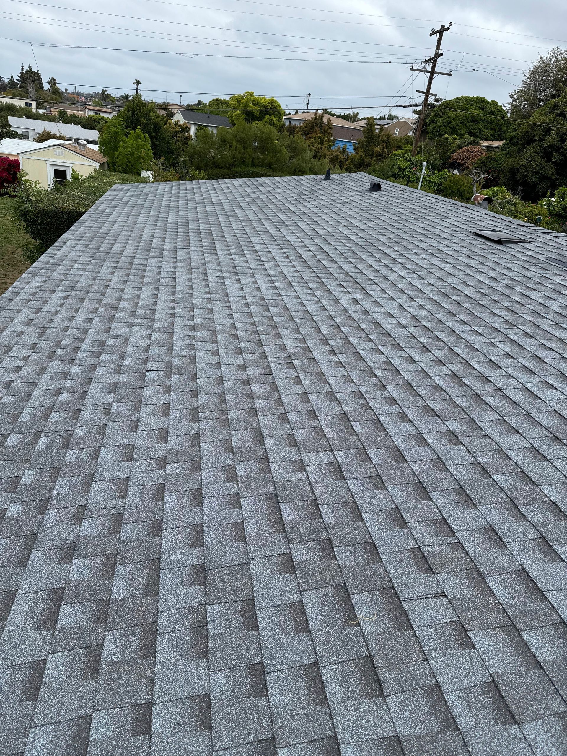 Gray shingle roof in the foreground with trees, utility poles, and cloudy sky beyond