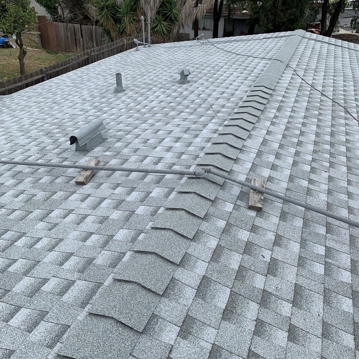 White shingle roof with vents and a ridge line, viewed from above, with trees in the background