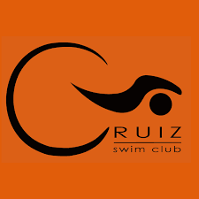 A logo for the ruiz swim club on an orange background