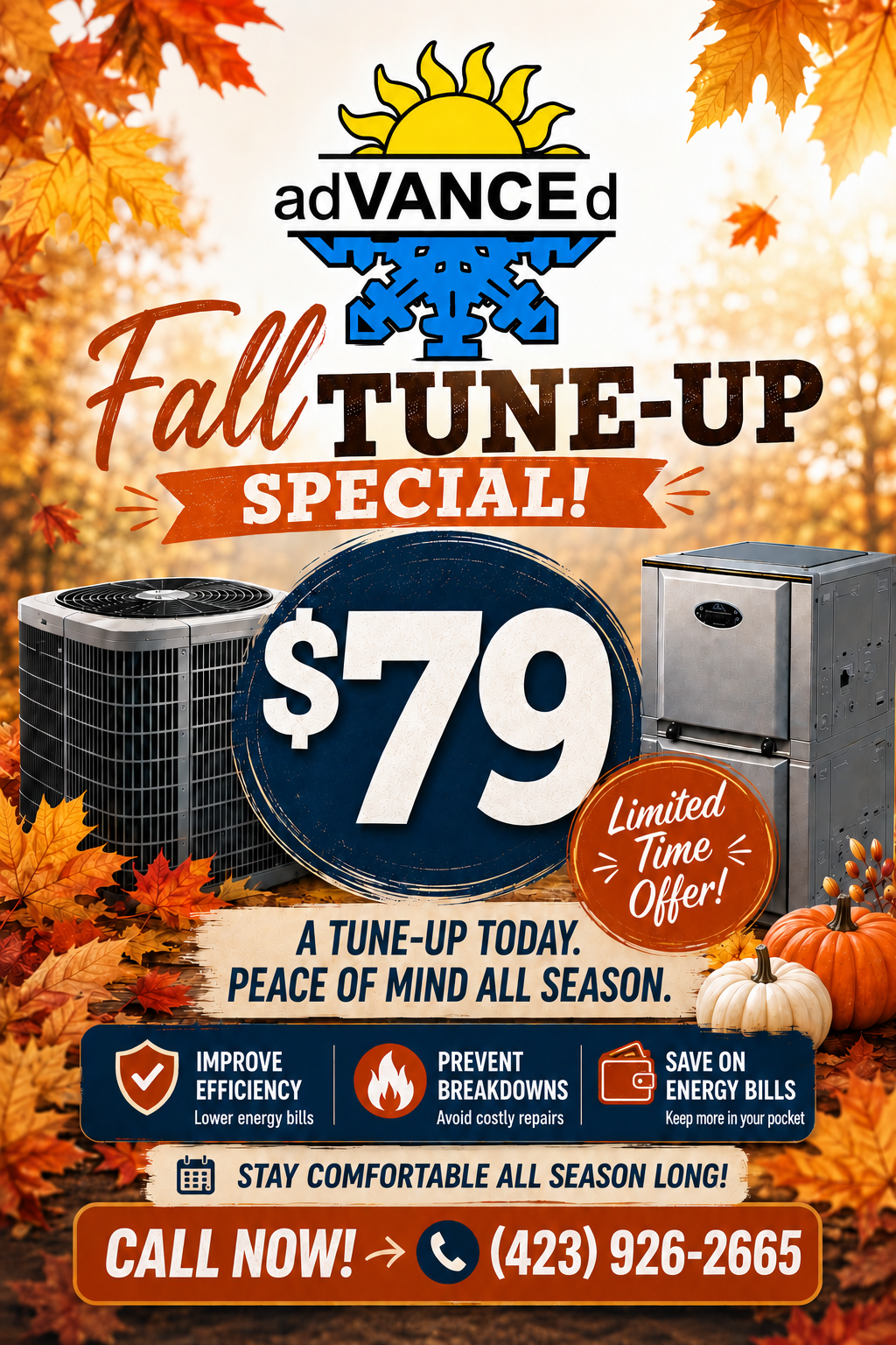 Fall tune-up special ad for Advanced: HVAC service for $79, with furnace and AC units in autumn leaves.