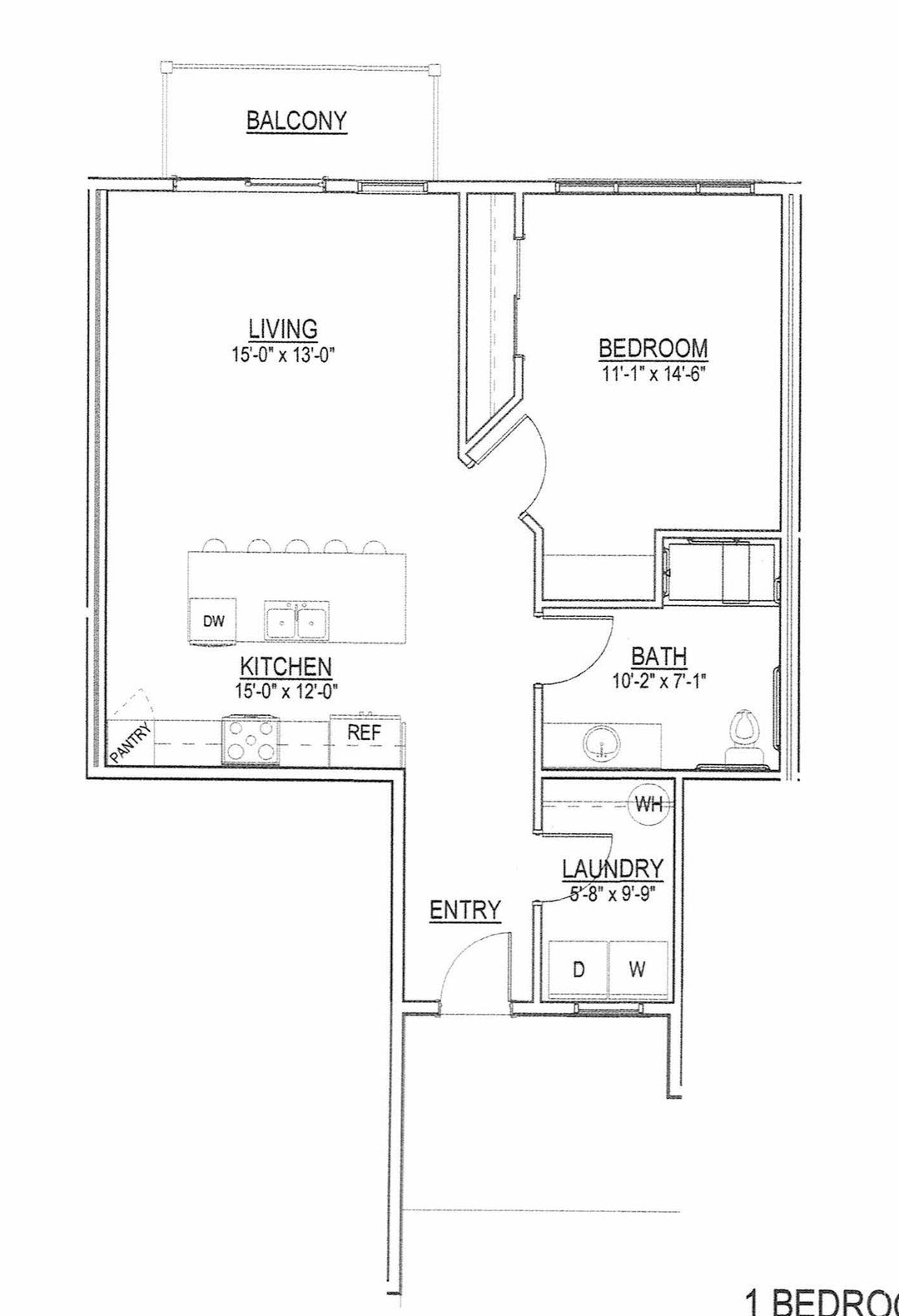 Black-and-white floor plan sketch of a small apartment layout with labeled rooms and hallways