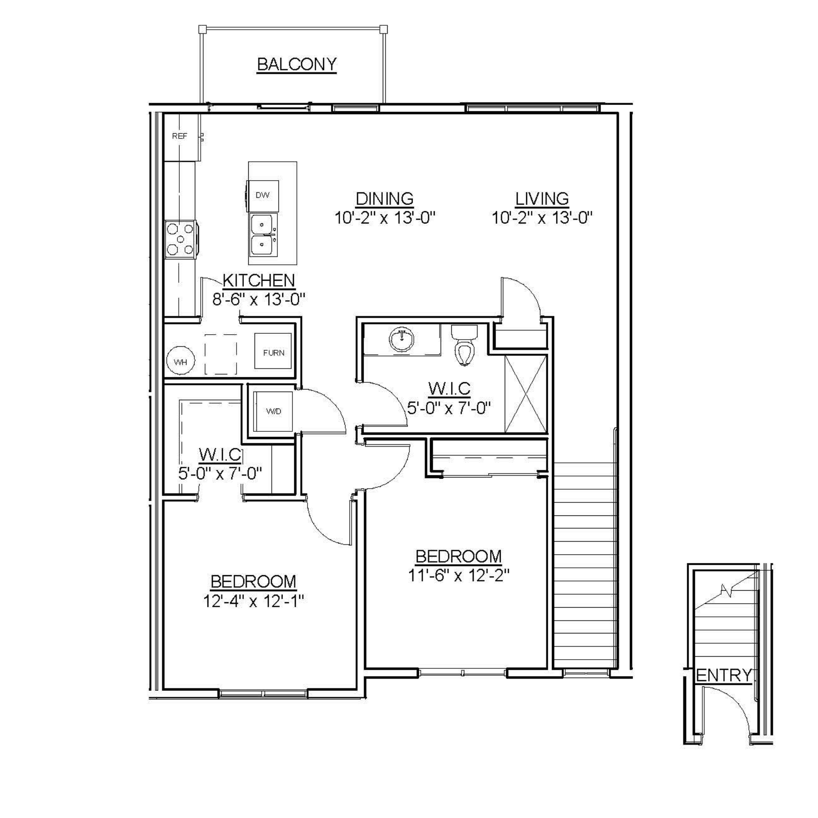 Black-and-white floor plan sketch of a small apartment with labeled rooms and dimensions