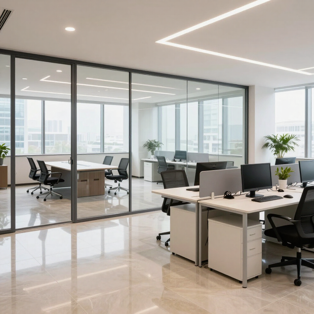 Modern open-plan office with glass meeting room, desks, black chairs, and city-view windows