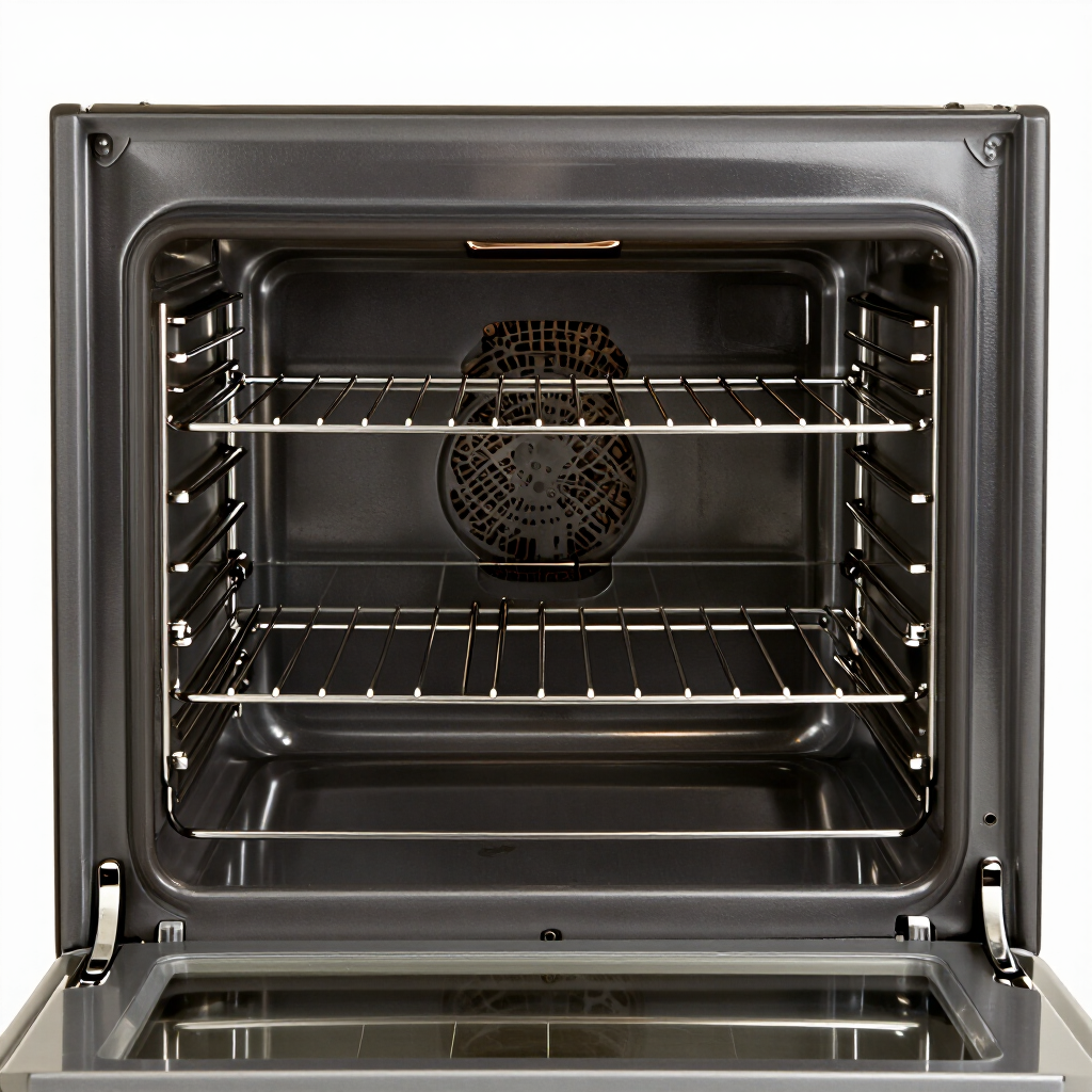 Open oven with two racks and a fan at the back, seen from the front.