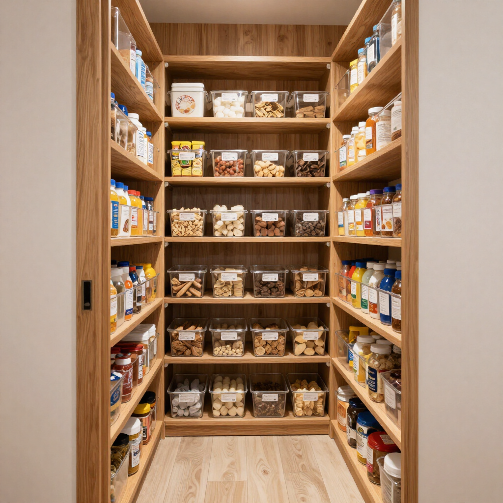A walk-in pantry with wooden shelves stocked with jars, bottles, and packaged food.